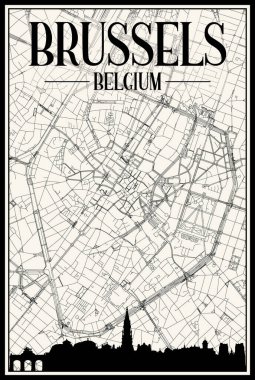 BRÜKSELS, BELGIUM 'un klasik bej arka planında panoramik silueti ve elle çizilmiş sokak ağıyla hafif yazdırılmış şehir posteri