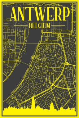 Panoramik silueti ve el çizimi sokak ağı olan sarı basılı şehir posteri ANTWERP, BELGIUM şehir merkezinin koyu gri arka planında