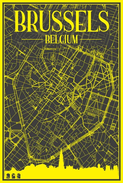 Gelbes Stadtplakat Mit Panoramischer Skyline Und Handgezeichnetem Straßennetz Auf Dunkelgrauem — Stockvektor