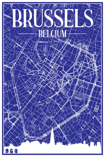 Brüksel Belgium Mavi Arka Planında Panoramik Silueti Çizimi Sokak Ağı — Stok Vektör