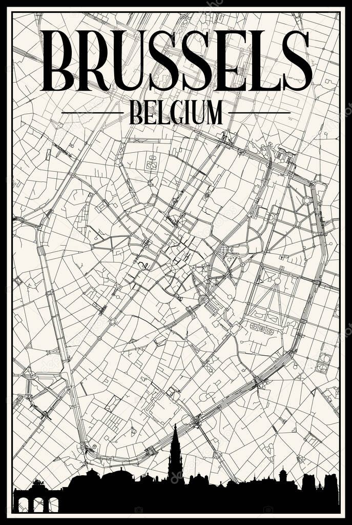 Light printout city poster with panoramic skyline and hand-drawn streets network on vintage beige background of the downtown BRUSSELS, BELGIUM