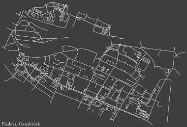 Alman bölgesel başkenti Osnabrck, Almanya 'nın FLEDDER DISTRICT' nin şehir caddeleri haritasının ayrıntılı negatif seyrüsefer beyaz çizgileri koyu gri arka planda