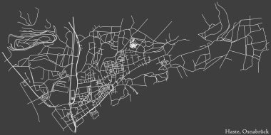 Alman bölgesel başkenti Osnabrck, Almanya 'nın HASTE DISTRICT' inin koyu gri arka planında yer alan şehir caddelerinin ayrıntılı haritası