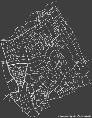 Alman bölgesel başkenti Osnabrck, Almanya 'nın SONNENHGEL DISTRICT şehir haritasının beyaz çizgileri koyu gri arka plan üzerine ayrıntılı seyrüsefer