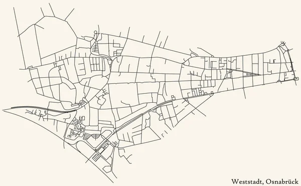 Gedetailleerde Navigatie Zwarte Lijnen Stedelijke Straat Wegenkaart Van Weststadt District — Stockvector