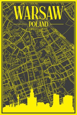 Sarı çıktılı şehir posteri panoramik silueti ve el çizimi sokak ağı ile şehir merkezinin koyu gri arka planında WARO, POLAND