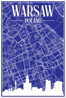 WARO, POLAND şehir merkezinin mavi arka planında panoramik silueti ve elle çizilmiş sokak ağıyla teknik şehir afişi.