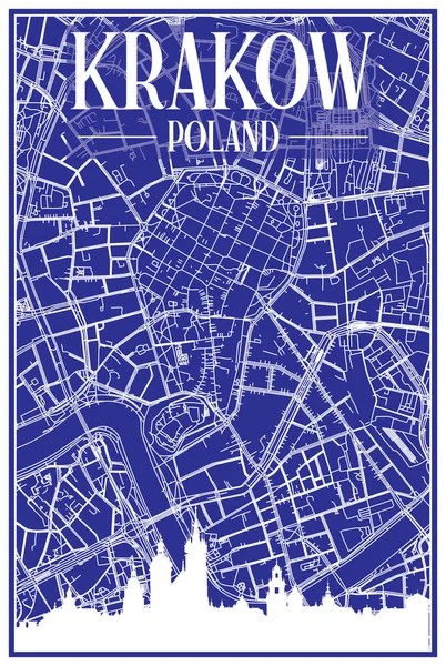 Krakow Poland Şehir Merkezinin Mavi Arka Planında Panoramik Silueti Elle — Stok Vektör