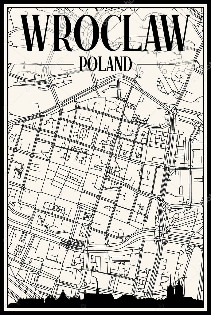 Light printout city poster with panoramic skyline and hand-drawn streets network on vintage beige background of the downtown WROCLAW, POLAND