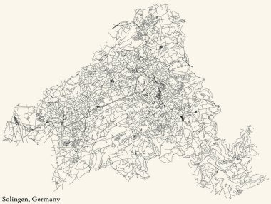 Alman bölgesel başkenti SOLINGEN, GERMANY 'nin klasik bej arka plan üzerindeki kentsel sokak haritasının ayrıntılı navigasyon siyah hatları