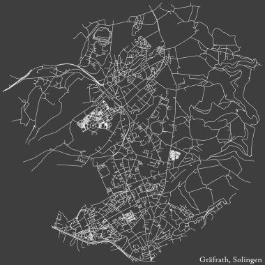 Alman bölgesel başkenti Solingen, Almanya 'nın GRFRATH DISTRICT' nin şehir caddeleri haritasının ayrıntılı negatif seyrüsefer beyaz çizgileri koyu gri arka planda