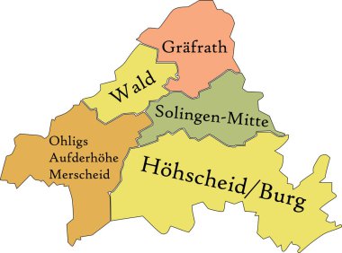 Pastel düz vektör idari haritası SOLINGEN, GERMANY isim etiketleri ve siyah sınır çizgileri ile