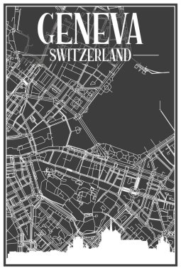 GENEVA merkezinin koyu gri arka planında panoramik silueti ve elle çizilmiş sokak ağı olan koyu renkli şehir afişi, SWitZERLAND