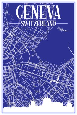GENEVA merkezinin mavi arka planında panoramik silueti ve el çizimi sokak ağı olan şehir posterinin teknik çıktısı, SWitness ZERLAND