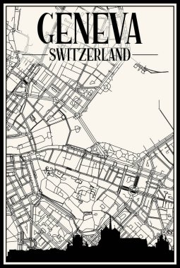 Panoramik silueti ve el çizimi sokak ağıyla birlikte GENEVA şehir merkezinin klasik bej arka planı, SWitZERLAND