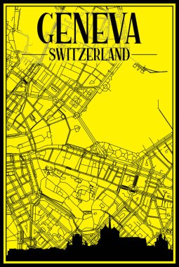 GENEVA şehir merkezinin sarı ve siyah arka planında panoramik silueti ve elle çizilmiş sokak ağıyla altın baskılı şehir posteri, SWitness ZERLAND