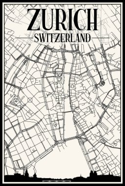 Panoramik silueti ve el çizimi sokak ağıyla birlikte ZURICH şehir merkezinin klasik bej arka planı, SWitZERLAND