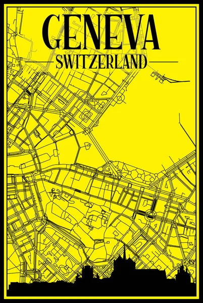 Goldenes Stadtplakat Mit Panoramischer Skyline Und Handgezeichnetem Straßennetz Auf Gelbem — Stockvektor
