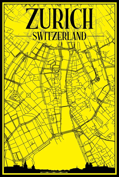 Goldenes Stadtplakat Mit Panoramischer Skyline Und Handgezeichnetem Strassennetz Auf Gelbem — Stockvektor