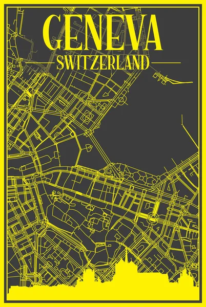Желтый Распечатанный Городской Плакат Панорамным Горизонтом Нарисованной Руки Сетью Улиц — стоковый вектор