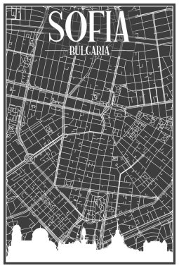 SoFIA şehir merkezinin koyu gri arka planında panoramik silueti ve elle çizilmiş sokak ağıyla koyu renkli şehir posterleri, BulLGARIA
