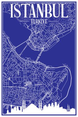 İSTANBUL, TURKEY 'nin mavi arka planında panoramik silueti ve elle çizilmiş sokak ağı olan şehir posterinin teknik çıktısı.