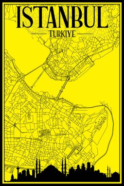 Şehir merkezindeki ISTANBUL, TURKEY 'nin sarı ve siyah arkaplan üzerine panoramik silueti ve elle çizilmiş sokak ağıyla altın baskılı şehir posteri
