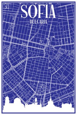 SOFIA, BULGARIA şehir merkezinin mavi arka planında panoramik silueti ve elle çizilmiş sokak ağıyla teknik şehir afişi.