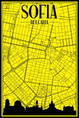 Sarı ve siyah arkaplan üzerine panoramik silueti ve el çizimi sokak ağı olan altın baskılı şehir posteri