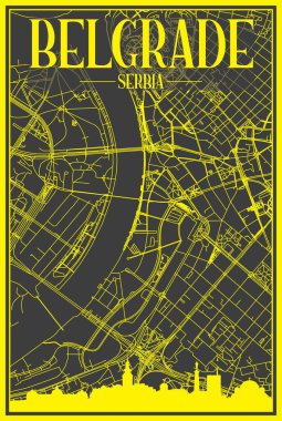 Sarı renkli şehir posteri panoramik silueti ve el çizimi sokak ağı ile BELGRAD şehir merkezinin koyu gri arka planı, SERBIA