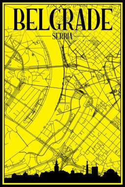 Panoramik silueti olan altın renkli şehir posteri ve BELGRAD, SERBIA şehir merkezinin sarı ve siyah arka planında elle çizilmiş sokak ağı