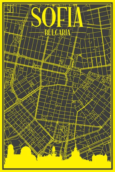 Sarı baskılı şehir posteri panoramik silueti ve el çizimi sokak ağı ile SOFIA şehir merkezinin koyu gri arka planı, BULGARIA