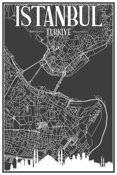 Dark Printout Poster Kota Dengan Langit Panorama Dan Gambar Tangan - Stok Vektor