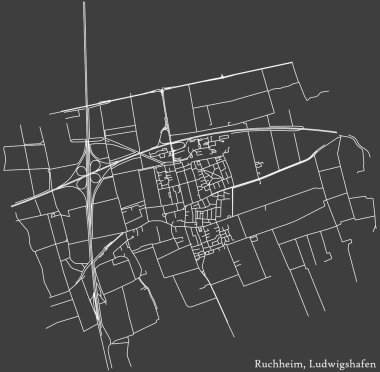 Alman bölgesel başkenti Ludwigshafen am Rhein 'in RUCHHEIM DISTRICT şehir haritasının beyaz çizgileri koyu gri arka planda.