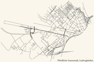 Alman bölgesel başkenti Ludwigshafen am Rhein 'in NRDLICHE INNENSTADT DISTRICT haritasının ayrıntılı seyir çizgileri