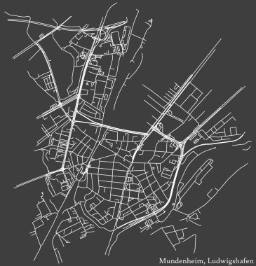 Alman bölgesel başkenti Ludwigshafen am Rhein 'in MUNDENHEIM DISTRICT kentsel yol haritasının ayrıntılı negatif navigasyon beyaz çizgileri, koyu gri arka plan üzerine Almanya
