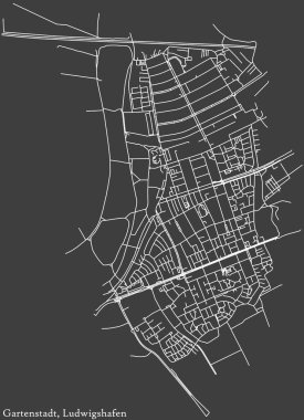 Alman bölgesel başkenti Ludwigshafen am Rhein, Almanya 'nın GARTENSTADT DISTRICT şehir haritasının beyaz çizgileri koyu gri arka planda