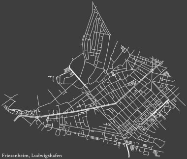 Alman bölgesel başkenti Ludwigshafen am Rhein, Almanya 'nın FRIESENHEIM DISTRICT şehir haritasının beyaz çizgileri koyu gri arka planda