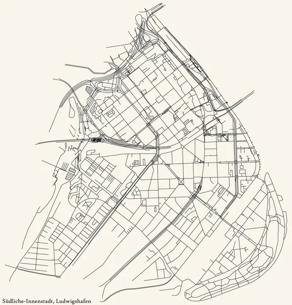 Detailed Navigation Black Lines Urban Street Roads Map Sdliche Innenstadt — Vetor de Stock