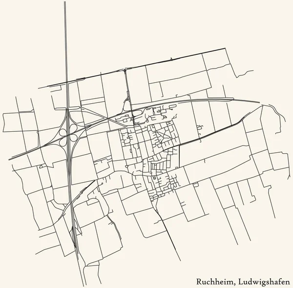 Navegação Detalhada Black Lines Urban Street Roads Mapa Ruchheim District — Vetor de Stock