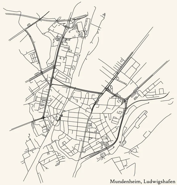 Navegação Detalhada Black Lines Urban Street Roads Mapa Mundenheim District — Vetor de Stock