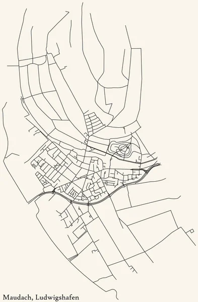 Detaillierte Navigation Schwarze Linien Stadtstraßenplan Des Maudach District Der Landeshauptstadt — Stockvektor