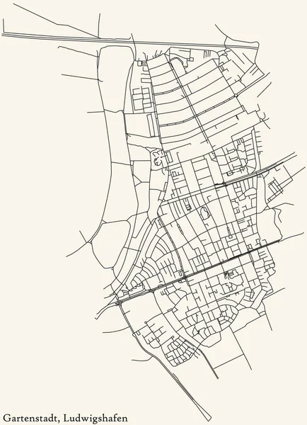 Navegação Detalhada Black Lines Urban Street Roads Mapa Gartenstadt District — Vetor de Stock