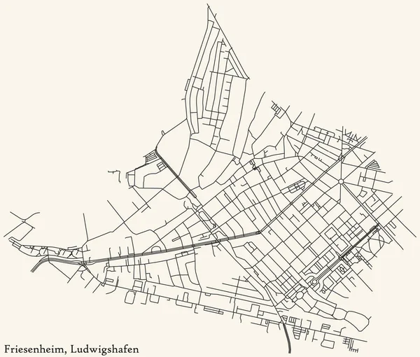 Detailed Navigation Black Lines Urban Street Roads Map Friesenheim District — Vetor de Stock