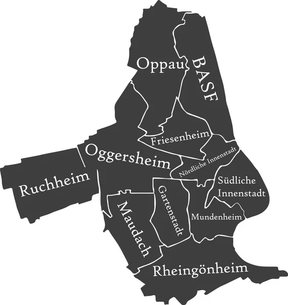Σκούρο Γκρι Επίπεδο Διάνυσμα Διοικητικό Χάρτη Της Ludwigshafen Rhein Γερμανία — Διανυσματικό Αρχείο