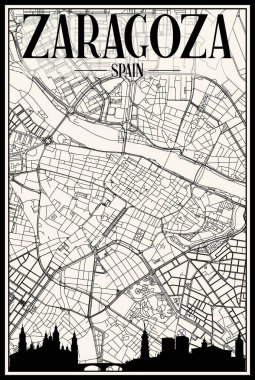 Şehir merkezindeki ZARAGOZA, SPAIN 'in klasik bej arka planında panoramik silueti ve elle çizilmiş sokak ağına sahip açık renkli şehir posteri