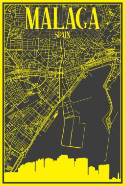 Yellow printout city poster with panoramic skyline and hand-drawn streets network on dark gray background of the downtown MALAGA, SPAIN