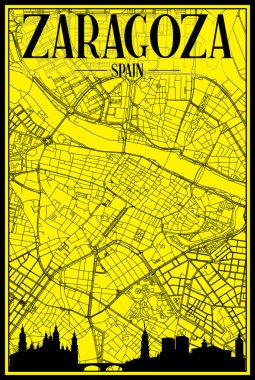 ZARAGOZA şehir merkezinin sarı ve siyah arka planında panoramik silueti ve elle çizilmiş sokak ağıyla altın baskılı şehir posteri, SPAIN