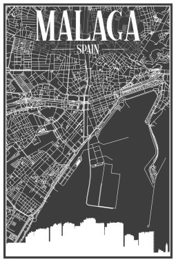 Dark printout city poster with panoramic skyline and hand-drawn streets network on dark gray background of the downtown MALAGA, SPAIN