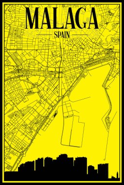 MALAGA şehir merkezinin sarı ve siyah arka planında panoramik silueti ve elle çizilmiş sokak ağıyla altın basılı şehir posteri, SPAIN
